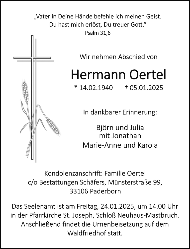  Traueranzeige für Hermann Oertel vom 18.01.2025 aus Neue Westfälische und Westfalen-Blatt