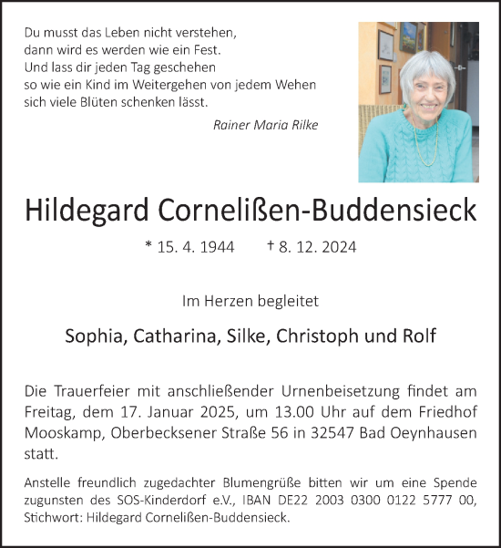 Traueranzeige von Hildegard Cornelißen-Buddensieck von Neue Westfälische