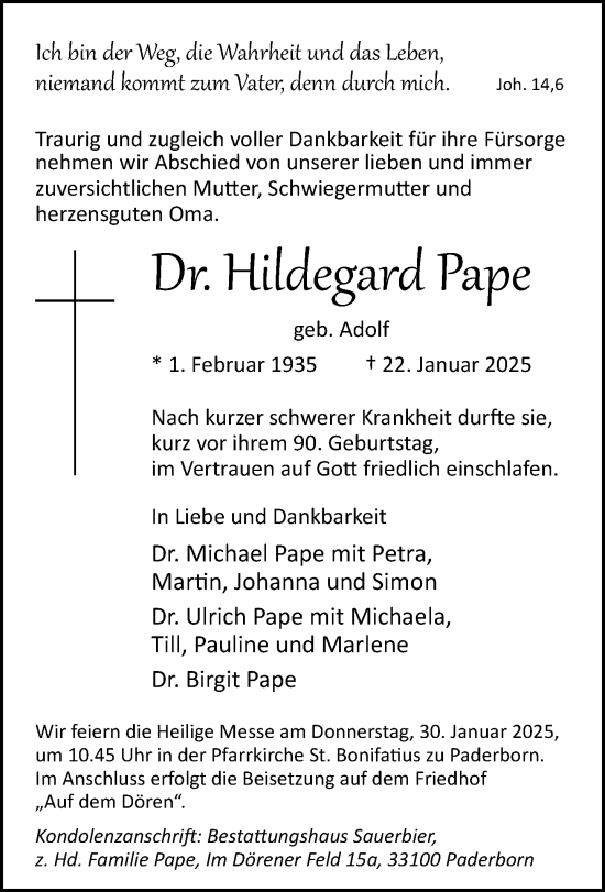 Traueranzeige von Hildegard Pape von Neue Westfälische und Westfalen-Blatt