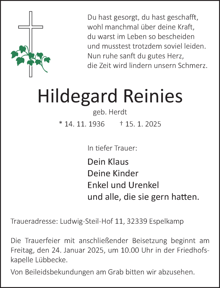  Traueranzeige für Hildegard Reinies vom 18.01.2025 aus Neue Westfälische und Westfalen-Blatt