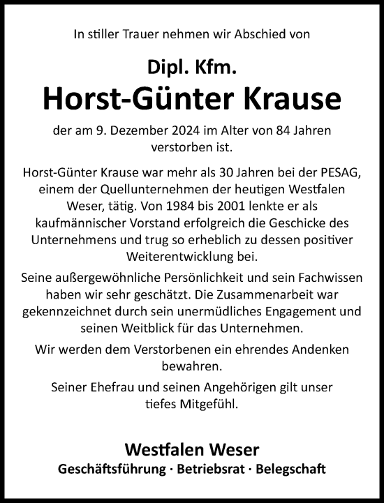 Traueranzeige von Horst-Günter Krause von Neue Westfälische