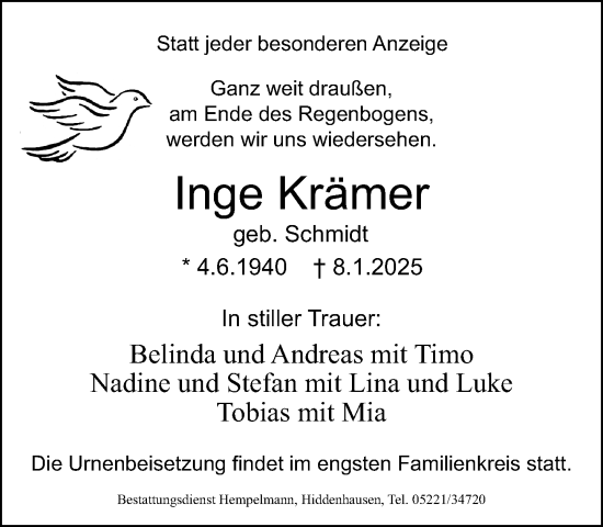 Traueranzeige von Inge Krämer von Neue Westfälische