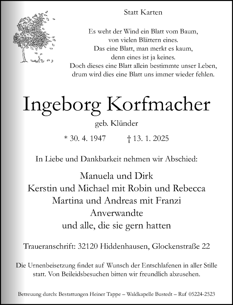  Traueranzeige für Ingeborg Korfmacher vom 25.01.2025 aus Neue Westfälische und Westfalen-Blatt