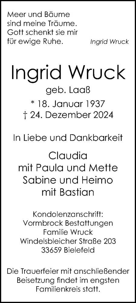 Traueranzeige von Ingrid Wruck von Neue Westfälische