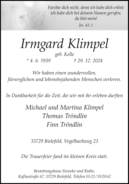 Traueranzeige von Irmgard Klimpel