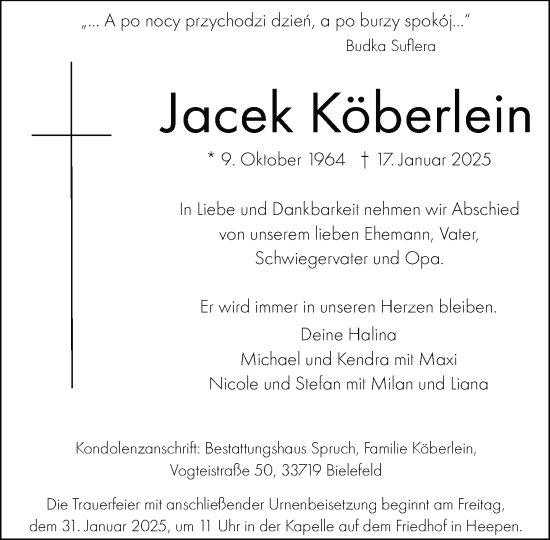 Traueranzeige von Jacek Köberlein von Neue Westfälische und Westfalen-Blatt