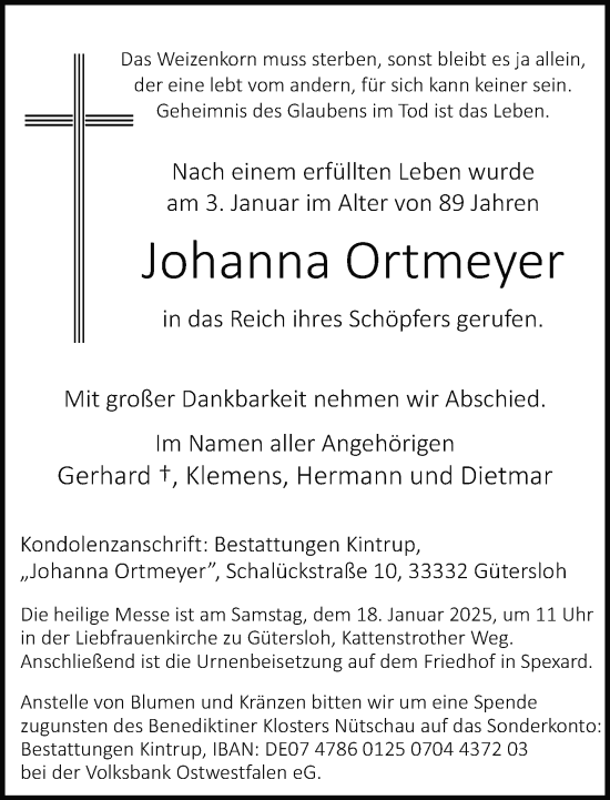 Traueranzeige von Johanna Ortmeyer von Neue Westfälische