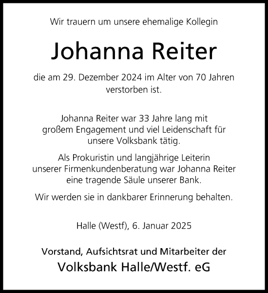 Traueranzeige von Johanna Reiter von Neue Westfälische