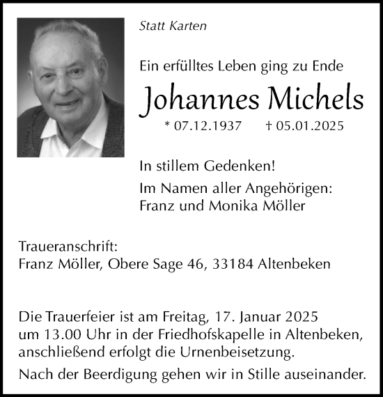 Traueranzeige von Johannes Michels von Neue Westfälische