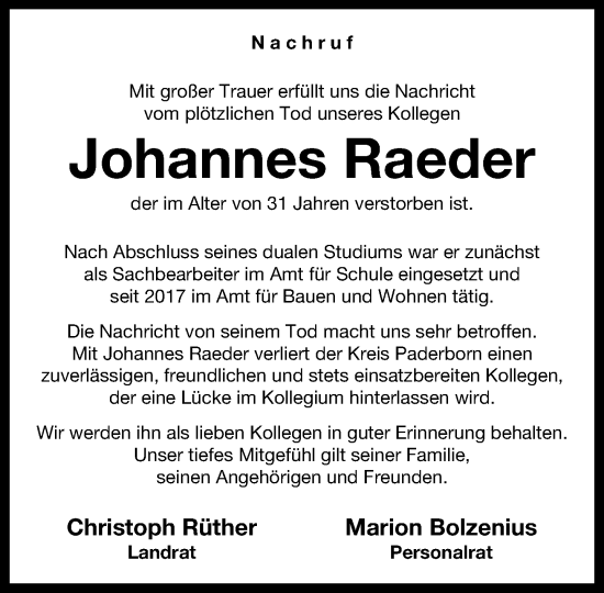 Traueranzeige von JOHANNES RAEDER von Neue Westfälische