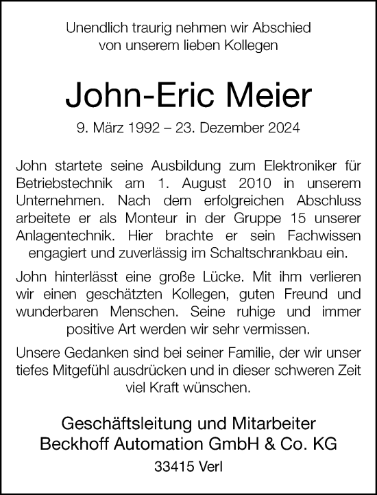 Traueranzeige von John-Eric Meier von Neue Westfälische
