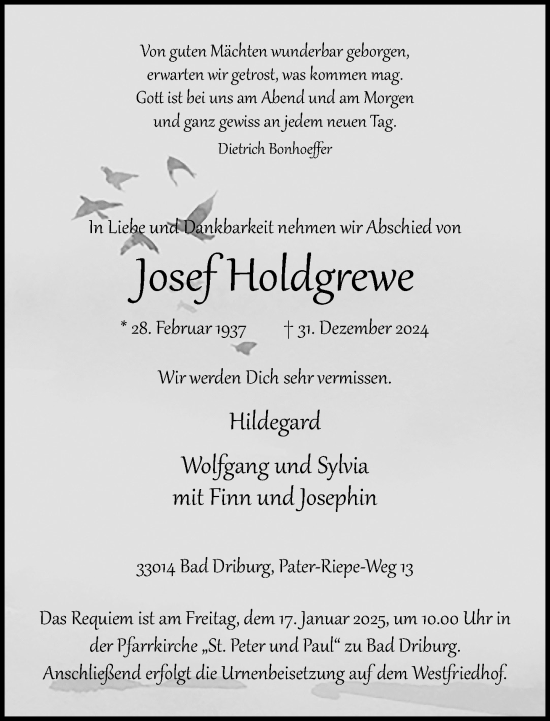 Traueranzeige von Josef Holdgrewe von Neue Westfälische