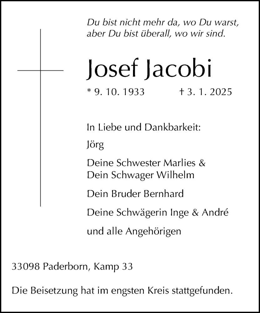  Traueranzeige für Josef Jacobi vom 18.01.2025 aus Neue Westfälische und Westfalen-Blatt
