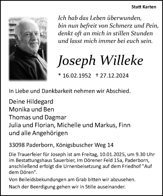 Traueranzeige von Joseph Willeke von Neue Westfälische