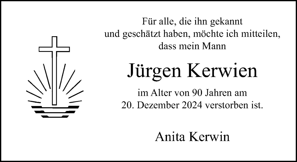  Traueranzeige für Jürgen Kerwien vom 04.01.2025 aus Neue Westfälische