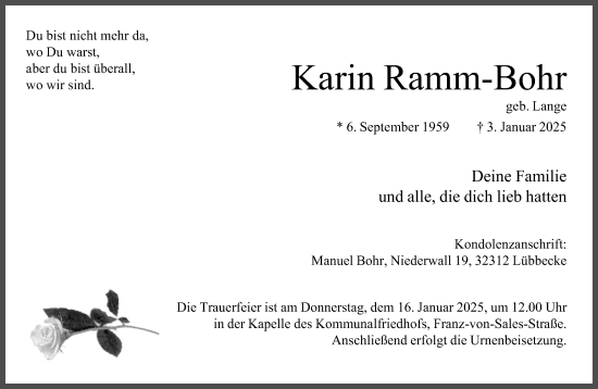 Traueranzeige von Karin Ramm-Bohr von Neue Westfälische