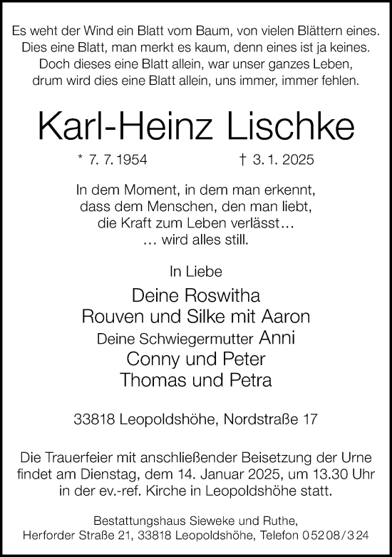 Traueranzeige von Karl-Heinz Lischke