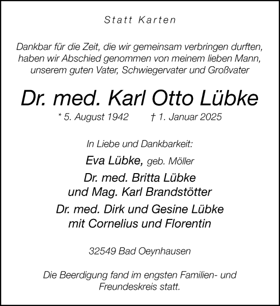 Traueranzeige von Karl Otto Lübke von Neue Westfälische