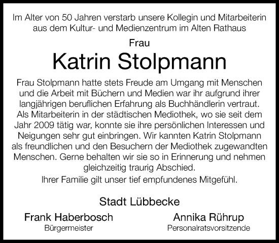 Traueranzeige von Katrin Stolpmann von Neue Westfälische