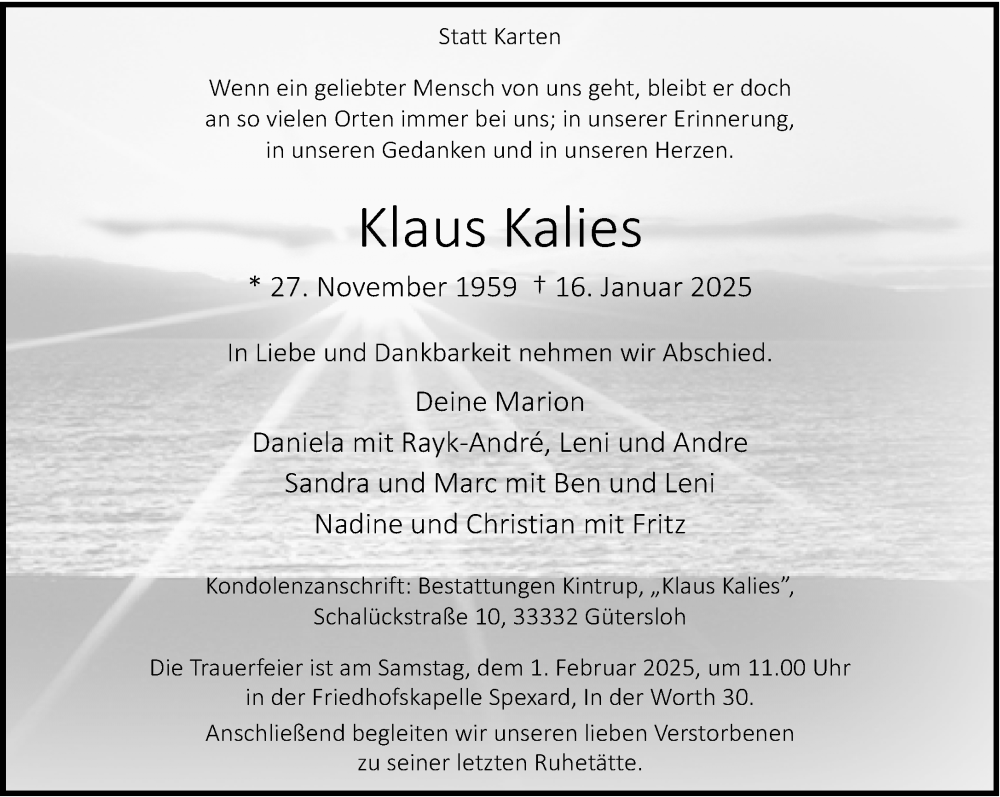  Traueranzeige für Klaus Kalies vom 25.01.2025 aus Neue Westfälische und Westfalen-Blatt