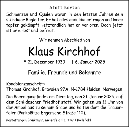 Traueranzeige von Klaus Kirchhof von Neue Westfälische und Westfalen-Blatt