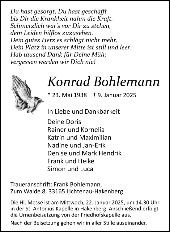 Traueranzeige von Konrad Bohlemann von Neue Westfälische