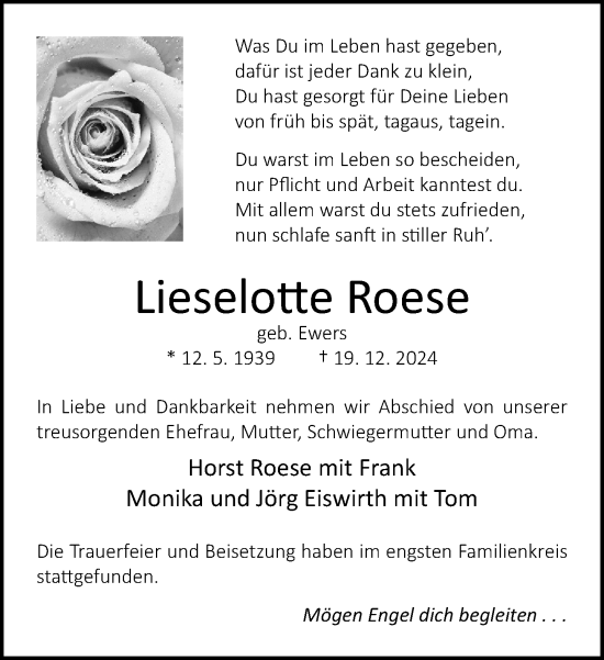 Traueranzeige von Lieselotte Roese von Neue Westfälische