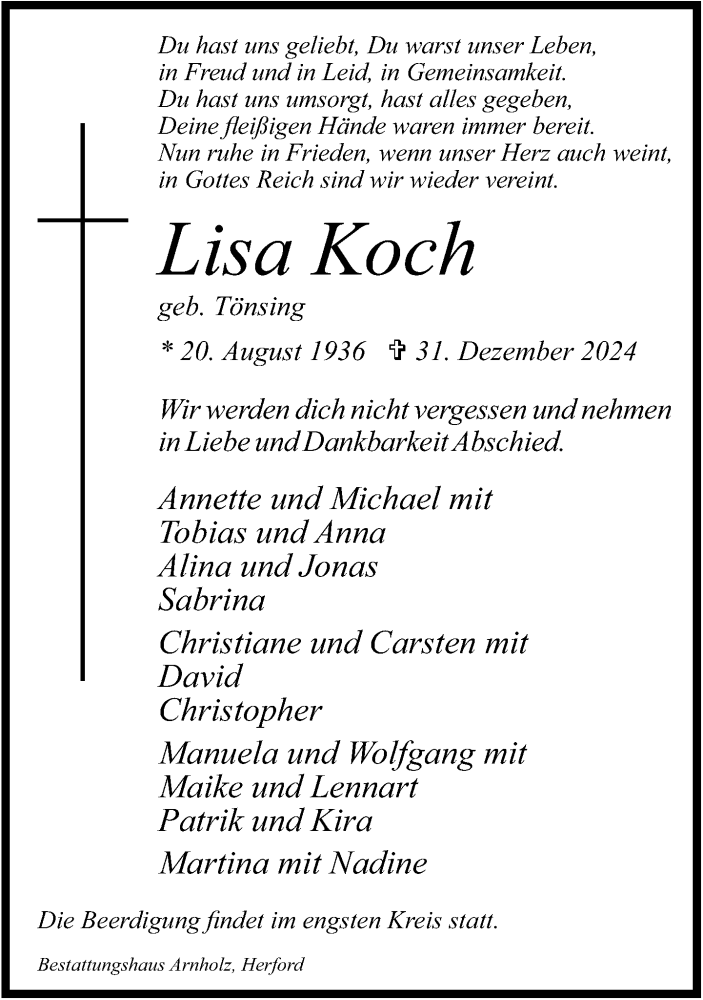  Traueranzeige für Lisa Koch vom 04.01.2025 aus Neue Westfälische