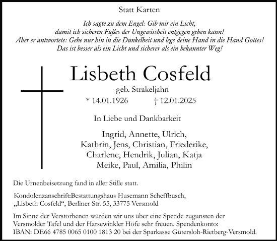 Traueranzeige von Lisbeth Cosfeld von Neue Westfälische und Westfalen-Blatt
