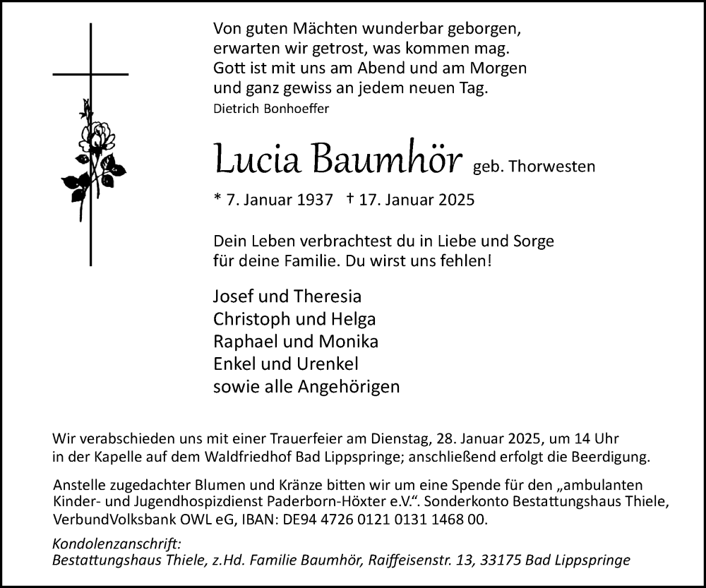  Traueranzeige für Lucia Baumhör vom 22.01.2025 aus Neue Westfälische und Westfalen-Blatt