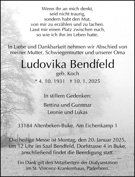 Traueranzeige von Ludovika Bendfeld von Neue Westfälische