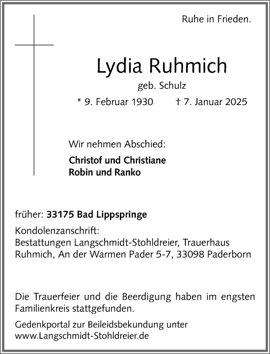 Traueranzeige von Lydia Ruhmich von Neue Westfälische und Westfalen-Blatt