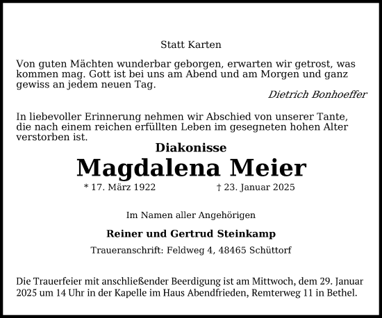 Traueranzeige von Magdalena Meier von Neue Westfälische und Westfalen-Blatt