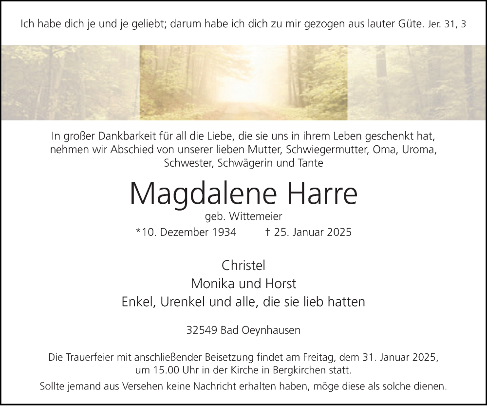  Traueranzeige für Magdalene Harre vom 29.01.2025 aus Neue Westfälische und Westfalen-Blatt