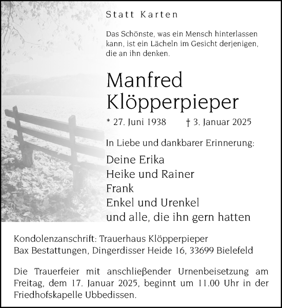 Traueranzeige von Manfred Klöpperpieper von Neue Westfälische