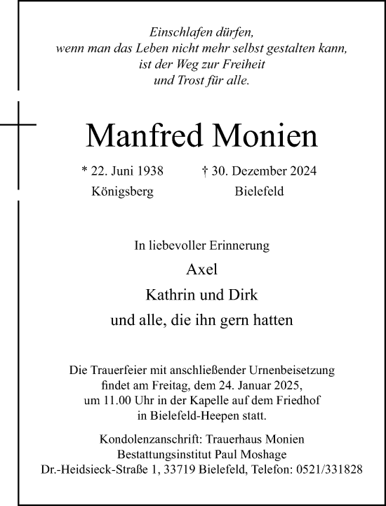 Traueranzeige von Manfred Monien von Neue Westfälische