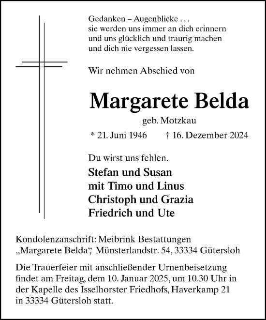 Traueranzeige von Margarete Belda von Neue Westfälische