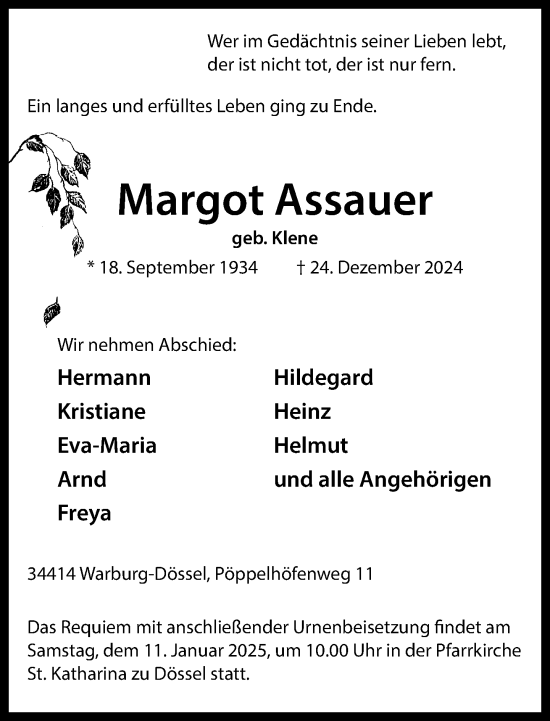 Traueranzeige von Margot Assauer von Neue Westfälische