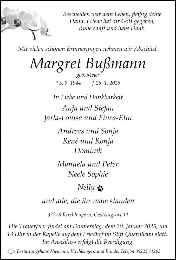  Traueranzeige für Margret Bußmann vom 28.01.2025 aus Neue Westfälische und Westfalen-Blatt
