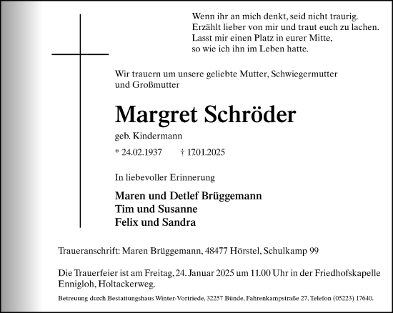 Traueranzeige von Margret Schröder von Neue Westfälische und Westfalen-Blatt