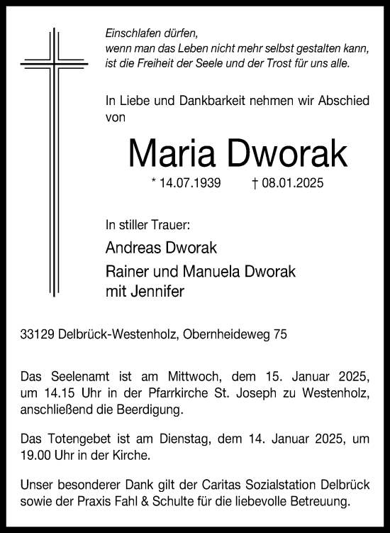 Traueranzeige von Maria Dworak von Neue Westfälische