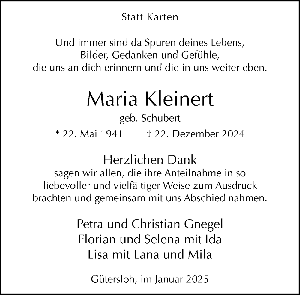 Traueranzeige für Maria Kleinert vom 18.01.2025 aus Neue Westfälische und Westfalen-Blatt