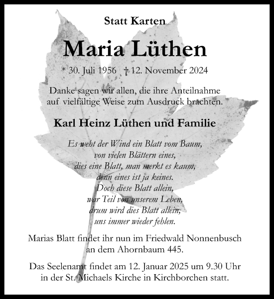 Traueranzeige von Maria Lüthen von Neue Westfälische