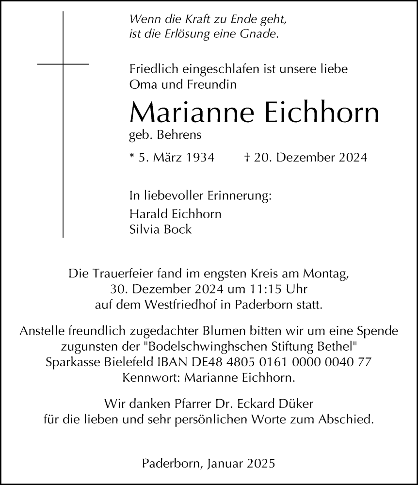  Traueranzeige für Marianne Eichhorn vom 11.01.2025 aus Neue Westfälische