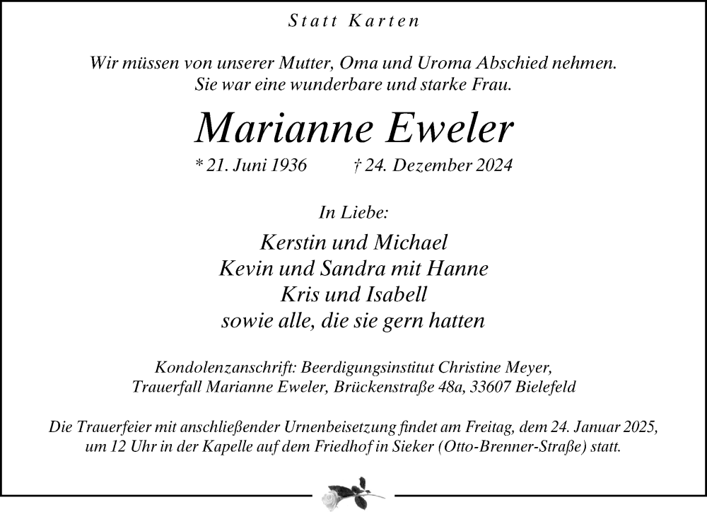  Traueranzeige für Marianne Eweler vom 11.01.2025 aus Neue Westfälische