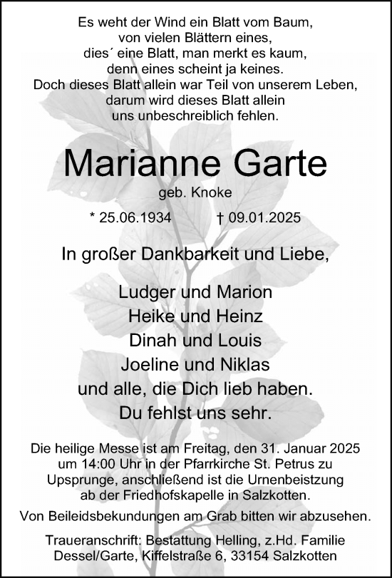 Traueranzeige von Marianne Garte von Neue Westfälische und Westfalen-Blatt