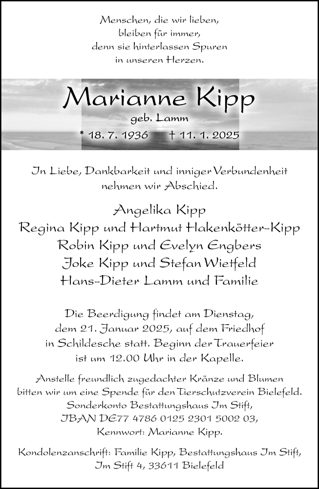 Traueranzeige für Marianne Kipp vom 18.01.2025 aus Neue Westfälische und Westfalen-Blatt