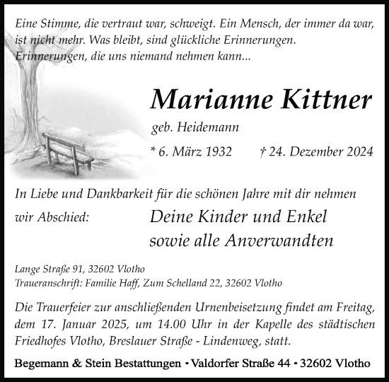 Traueranzeige von Marianne Kittner von Neue Westfälische