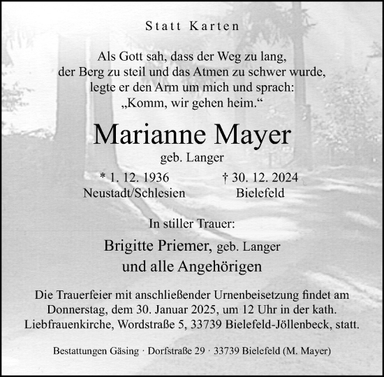 Traueranzeige von Marianne Mayer von Neue Westfälische und Westfalen-Blatt