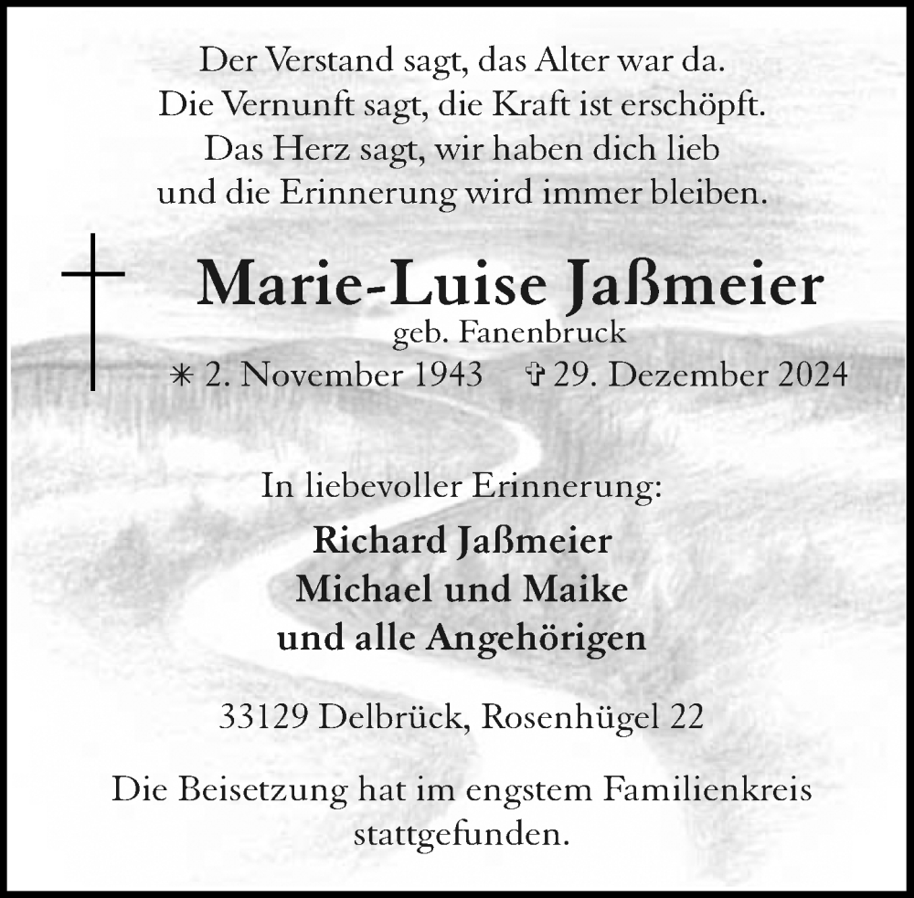  Traueranzeige für Marie-Luise Jaßmeier vom 18.01.2025 aus Neue Westfälische und Westfalen-Blatt